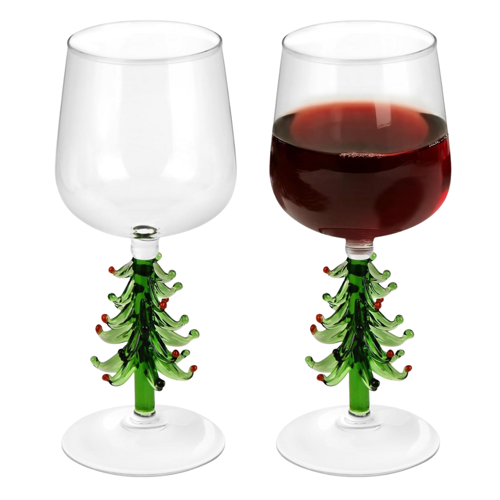 Green Christmas Tree Wine Glasses Stem Design Glassware Set of 2 Green Christmas Tree Wine Glasses Stem Design Glassware Set of 2